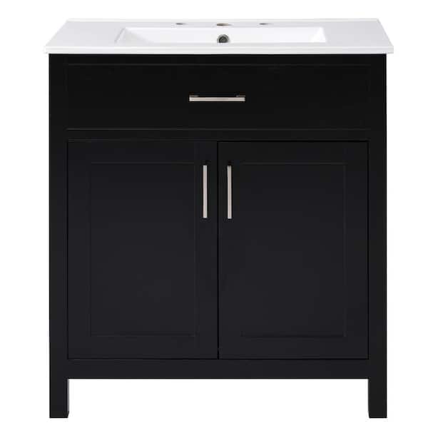 stufurhome Ann 30 in. W x 18 in. D x 34 in. H Single Sink Freestanding Bath Vanity in Black with White Ceramic Top
