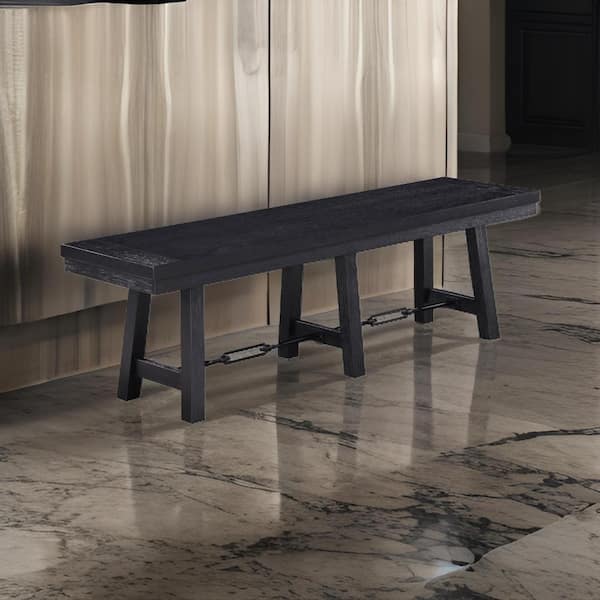 Brar Modern Black Asian Hardwood 60 in. Trestle Dining Table Bench Seats 3