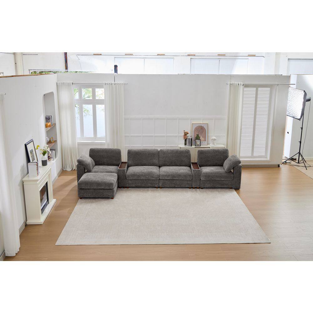 160 in. Straight Arm 5-Piece Chenille Modular Sofa Sectional Sofa with Ottoman and Ergonomic Design in. Blue