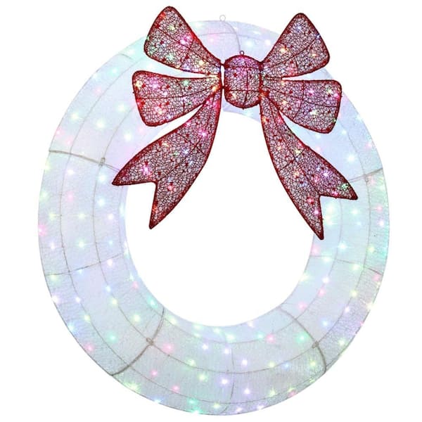 60 in. White Prelit LED Artificial Christmas Wreath with Dual Color LED & Daily Timer & Red Bow & Remote, Holiday Decor