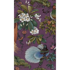 Plum Painted Oriental Birds and Trees Tropical Shelf Liner Non-Woven WallpaperDouble Roll (57 sq. ft.)