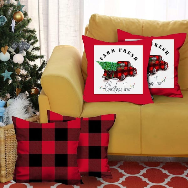HomeRoots Charlie Set of 4 Red Plaid and Red Truck Throw Pillows 1 in. X 18 in.