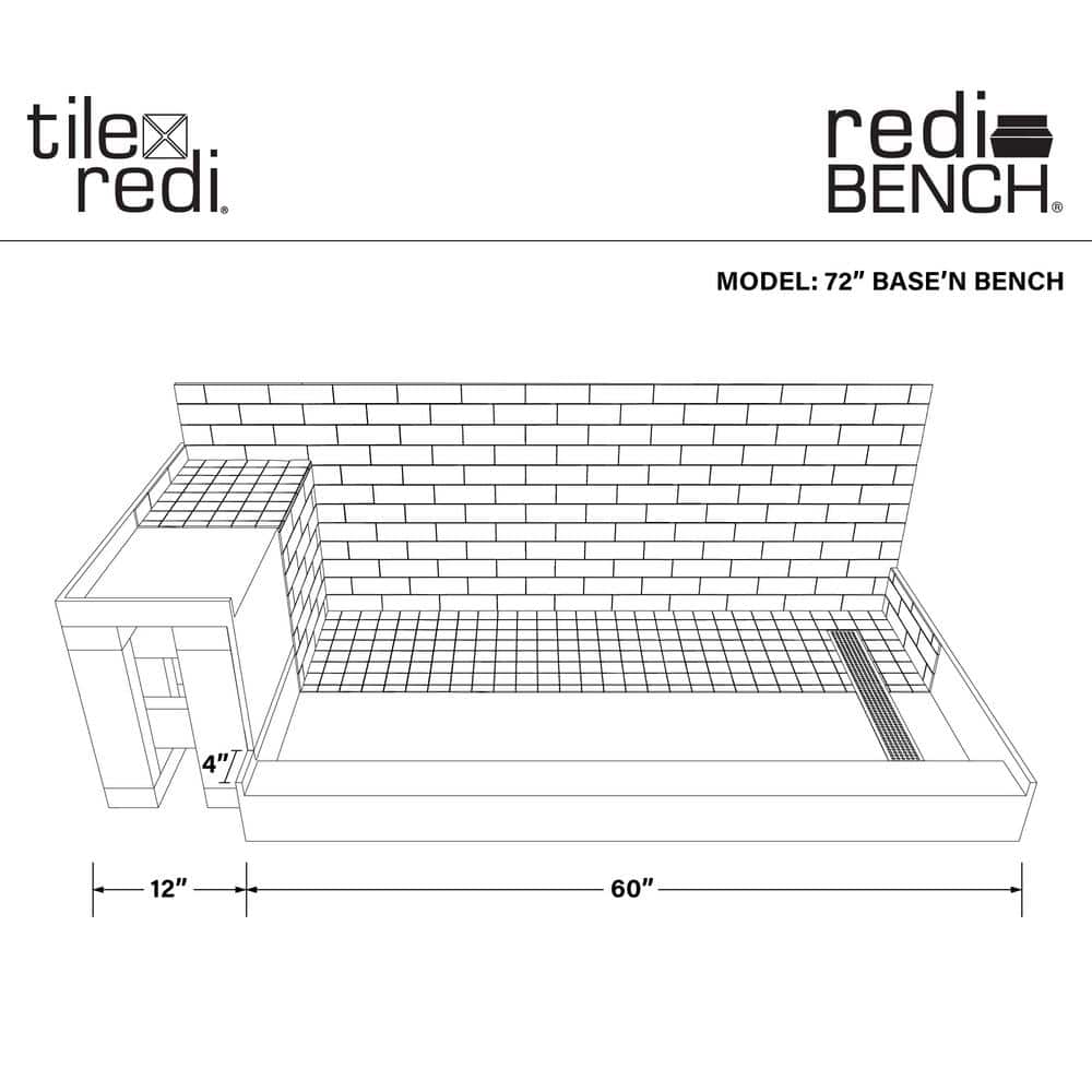 72" x 36" Grey Matte Rectangular Shower Base with Bench