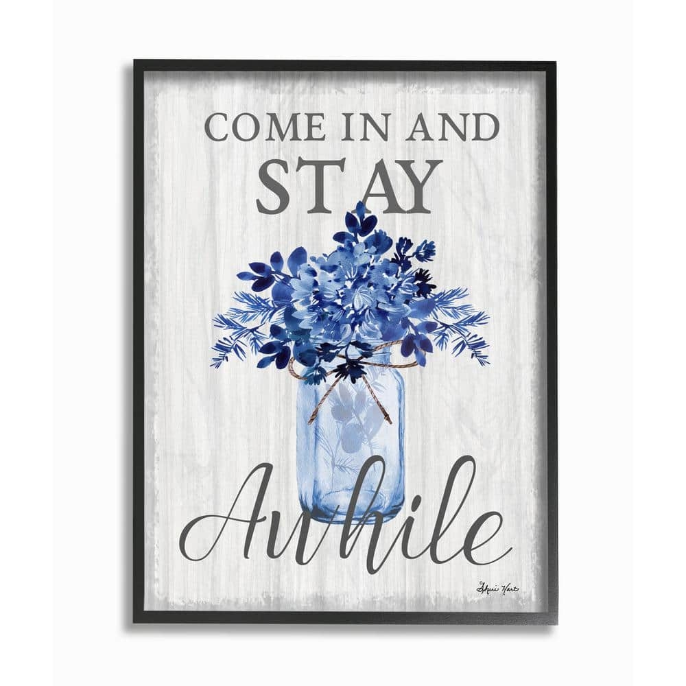 Stupell Industries Stay Awhile Blue Flower Jar Grey Word Design