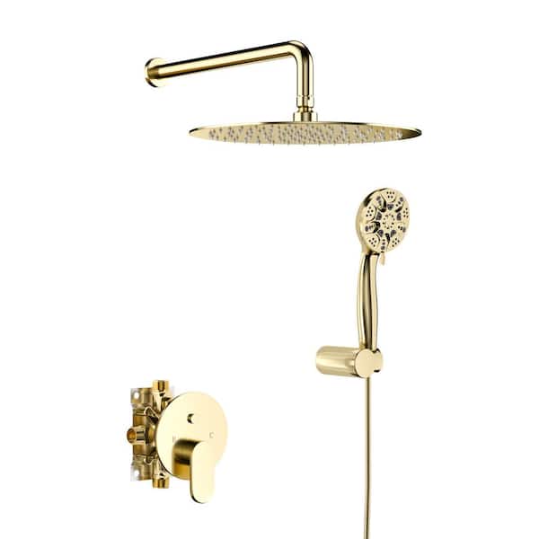 Fapully Single Handle 2-Spray Shower Faucet 1.8 GPM with Pressure Balance, 10 in. Head Shower with Hand Shower in Gold