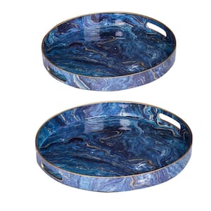 Blue Round Plastic Accent Trays with Gold Marbling (Set of 2)
