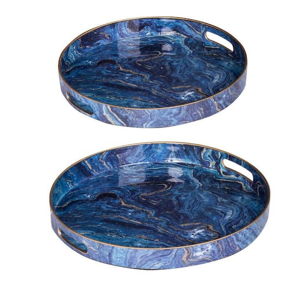 Blue Round Plastic Accent Trays with Gold Marbling (Set of 2)