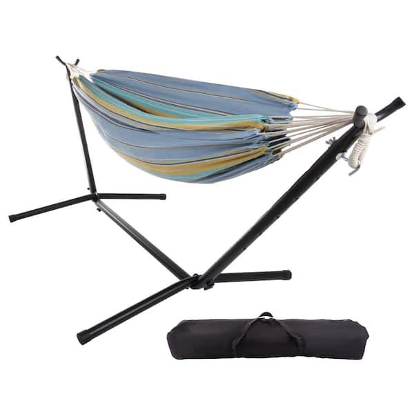 Pure Garden 9 ft. 2-Person Free Standing Double Hammock Bed with Stand in Blue, Yellow, and White Stripes