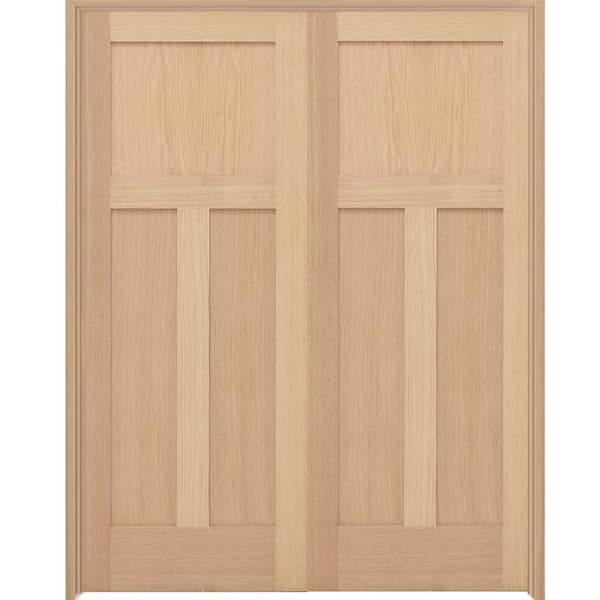 Steves & Sons 48 in. x 80 in. Universal 3-Pnl Mission Unfinished Red Oak Wood Double Prehung Interior French Door with Nickel Hinges