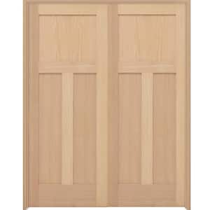 60 in. x 80 in. Universal 3-Pnl Mission Unfinished Red Oak Wood Double Prehung Interior French Door with Nickel Hinges