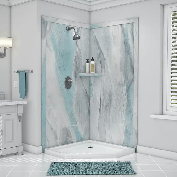 FlexStone Splendor 40 in. x 40 in. x 80 in. 7-Piece Easy Up Adhesive Corner Shower Wall Surround in Triton