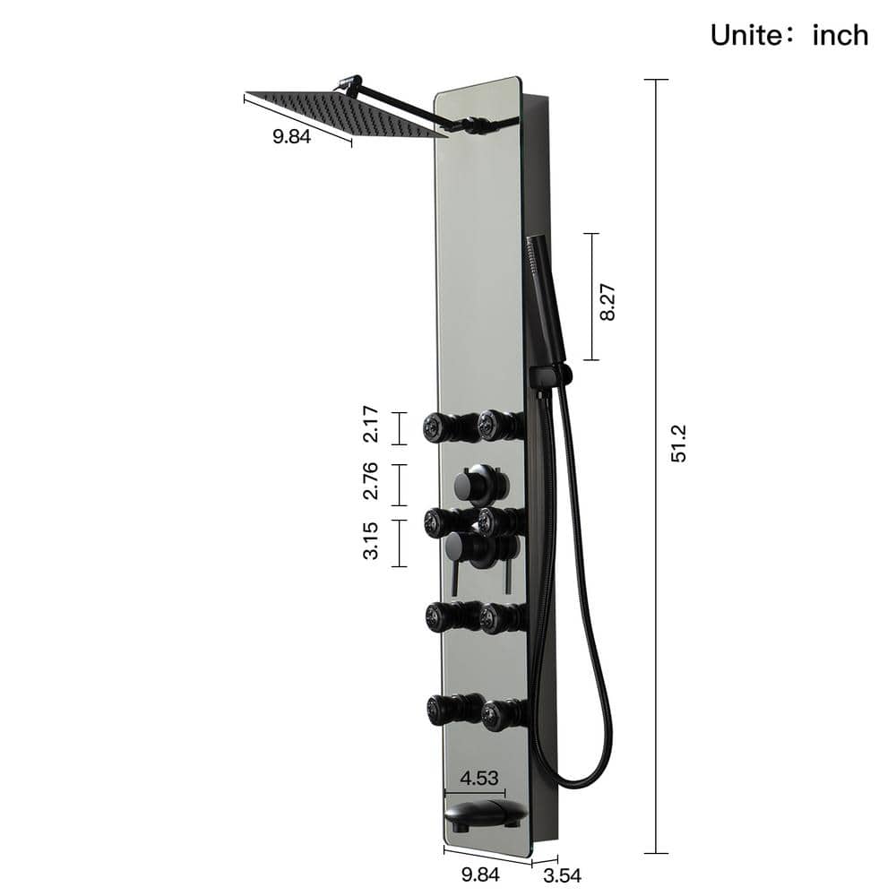 Nickel and Black Multifunction Shower Panel System with Body Jets