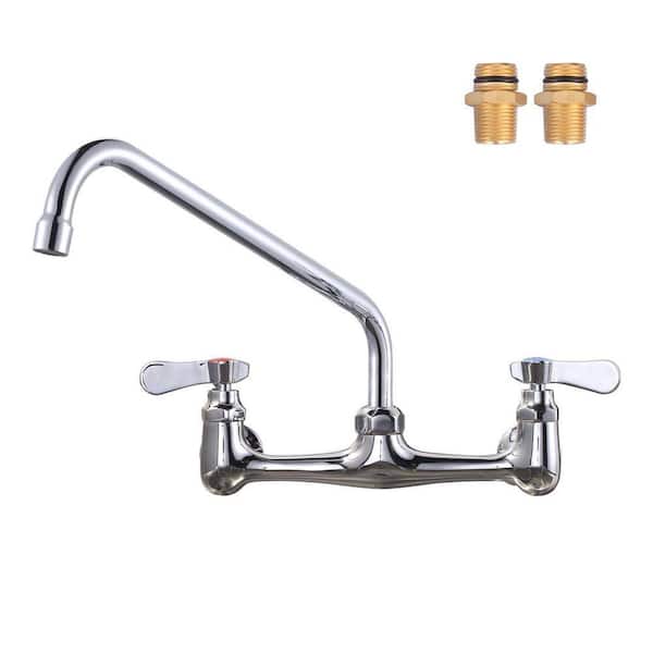 Double Handle Wall Mount Commercial Brass Standard Kitchen Faucet W/ 14 in. Swivel Spout 8 in. Center in Polished Chrome