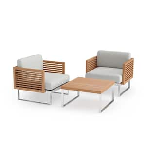 Monterey 3 Piece Stainless Steel Teak Outdoor Patio Conversation Set with Cast Silver Cushions and Coffee Table