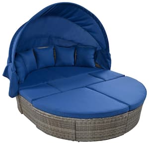 Wicker Outdoor Day Bed Sunbed with Retractable Canopy Round Outdoor Sectional Sofa Set with Blue Washable Cushions