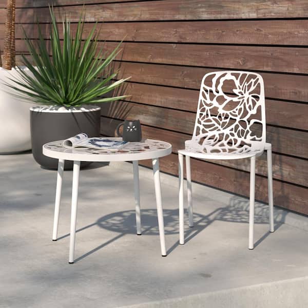 Leisuremod Devon Outdoor Dining Chair in Aluminum Modern Stackable Design Patio Side Chair in White