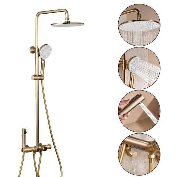 5-Spray 10 in. Dual Wall Bar Shower Head and Handheld Shower Head 1.5 GPM in Brushed Gold with Tub Faucet and Spray Gun
