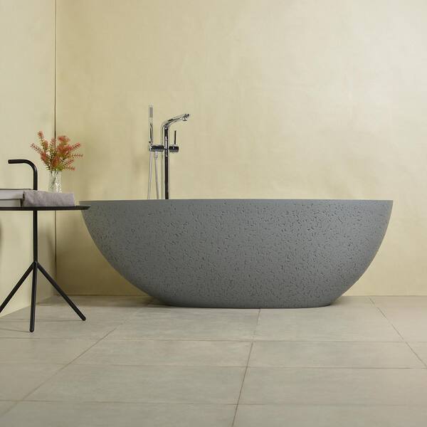 Moray 65 in. x 33 in. Stone Resin Flatbottom Solid Surface Freestanding Soaking Bathtub in Grey with Brass Drain