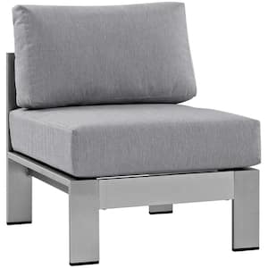 Shore Armless Patio Aluminum Outdoor Lounge Chair in Silver with Gray Cushions