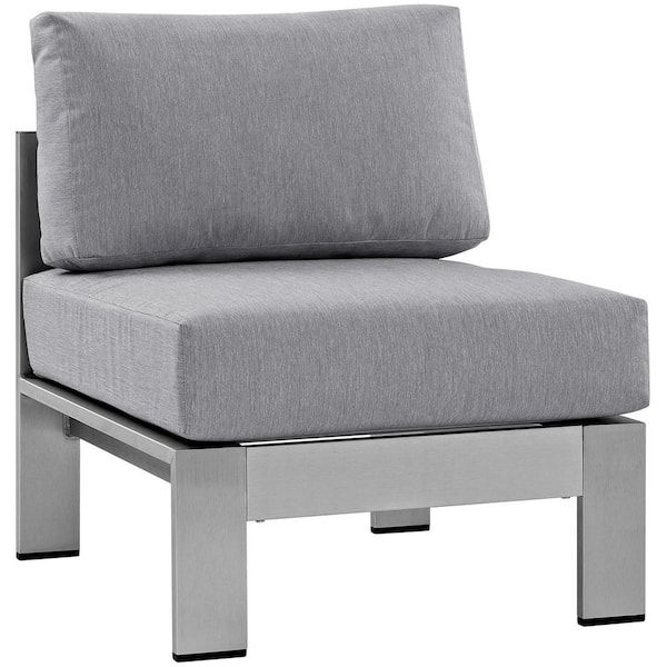 MODWAY Shore Armless Patio Aluminum Outdoor Lounge Chair in Silver with Gray Cushions