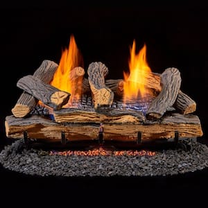24 in. Split Oak Vent Free Indoor Natural Gas Log Set with Remote Thermostat Control and Fiber Logs