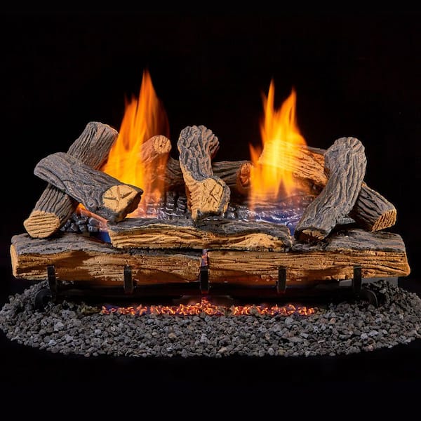 24 in. Split Oak Vent Free Indoor Natural Gas Log Set with Remote Thermostat Control and Fiber Logs