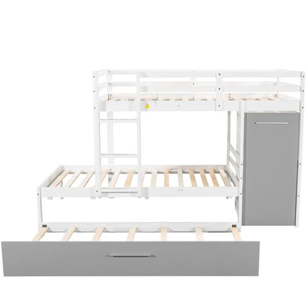 Z-joyee Wood White Twin Bunk Bed with Built-in Storage Wardrobe and Trundle