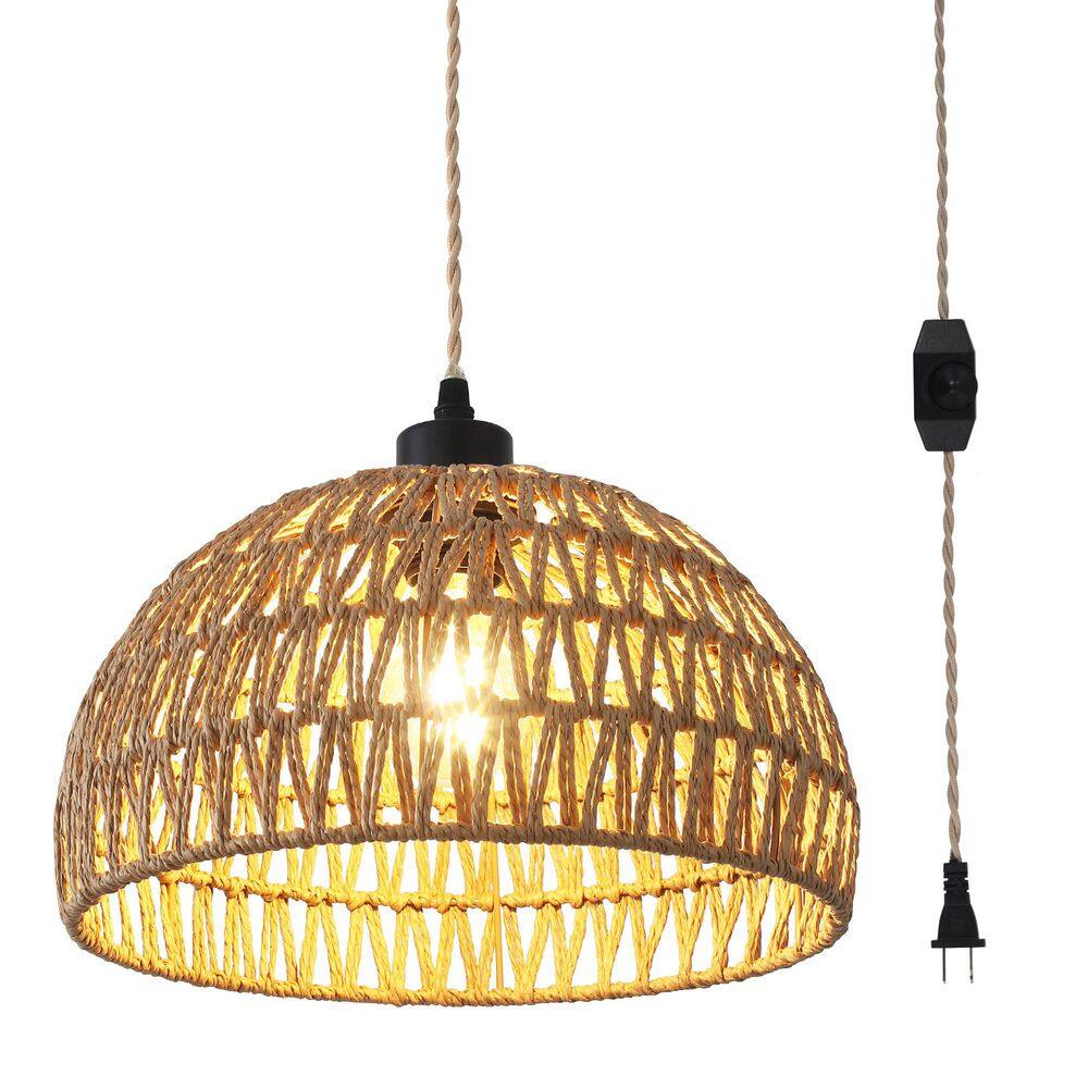 1-Light Brown Farmhouse Plug-In Dome Pendant Light with Natural Woven Shade for Living Room price history on PriceWatchPro
