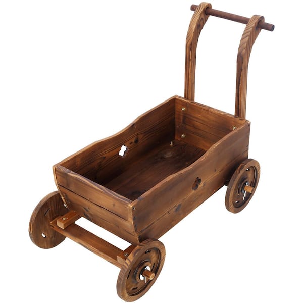 Ami Indoor and Outdoor Brown Wood Wagon Flower Individual Floor Planters, Planter Decor Pot Stand