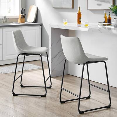 Wasatch 24 in. Grey Low Back Metal Frame Counter Height Bar Stool with Faux Leather Seat (Set of 2)