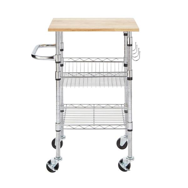 StyleWell Gatefield Chrome Small Kitchen Cart with Rubber Wood Top