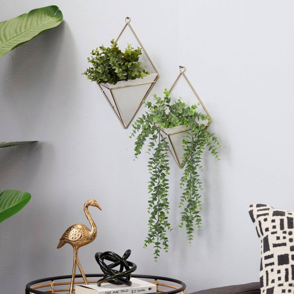 Set of 2 White Metal Geometric Hanging Planters