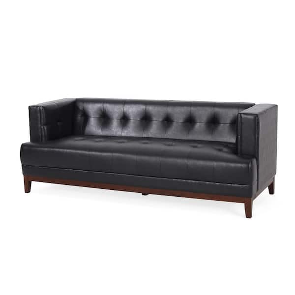 Noble House McCardell 80.75 in. W Square Arm 3-Seat Faux Leather Straight Tufted Sofa in Midnight Black and Espresso