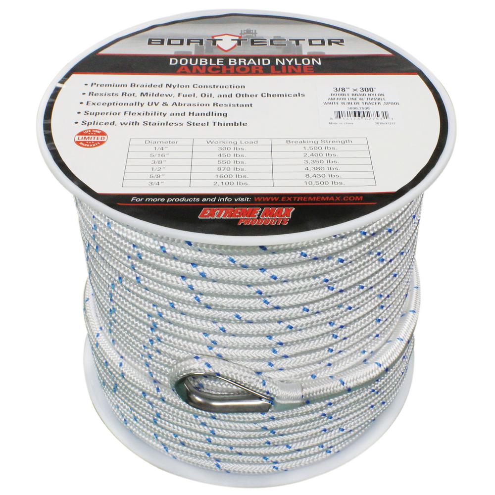 BoatTector 3/8 in. x 300 ft. Double Braid Nylon Anchor Line with Thimble in White with Blue Tracer