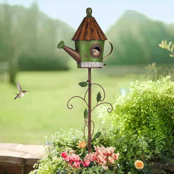 Justincity Kettle Birdhouse Stake Metal Watering Can Birdhouse