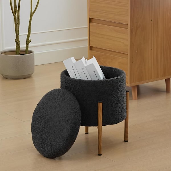 Unbranded Gray Upholstered Round Storage Ottoman, Ottoman Footstool, Ottoman Foot Stools With Metal Base and Removable Lid