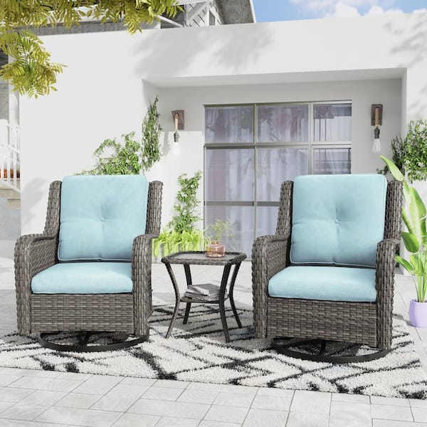 3 Piece Wicker Patio Conversation Set with Baby Blue Cushions All Weather Swivel Rocking Chairs