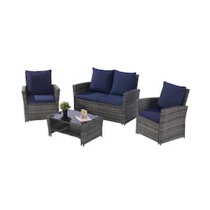 4-Piece Dark Gray Wicker Patio Conversation Set with Blue Cushions, Tempered Glass Coffee Table