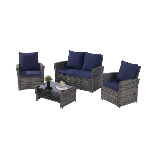 Tenleaf 4-Piece Dark Gray Wicker Patio Conversation Set with Blue Cushions, Tempered Glass Coffee Table