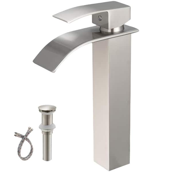 Unbranded Single-Handle Single-Hole Bathroom Vessel Sink Faucet with Waterfall and Drain Assembly in Brushed Nickel