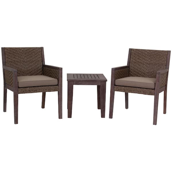 Courtyard Casual 3-Piece Wood Squre Outdoor Dining Set with Sunbrella Beige Cushions Buena Vista II Collection Rustic Taupe Brown Wood