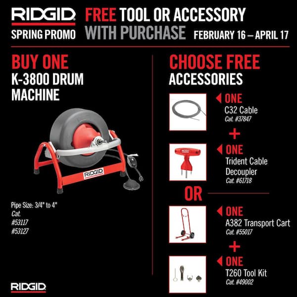 K-3800 Drain Cleaning Autofeed Drum Machine with C-32-3/8 in. x 75 ft. Cable Plus Tool Set and Gloves 4-Piece