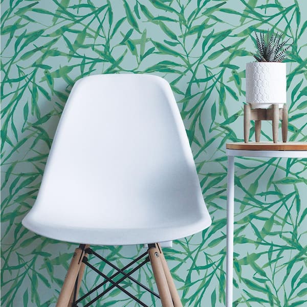 Sea Green Watercolor Leaves Vinyl Peel and Stick Wallpaper Roll (Covers 28 sq. ft.)