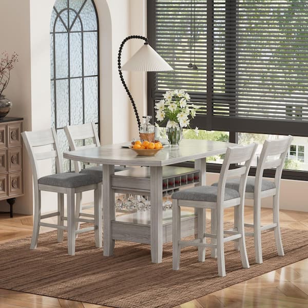 5-Piece Counter Height Dining Set with Wine Rack, Drawer & 4 Upholstered Bar Stools Chairs + Gray Wood Top Dining Table