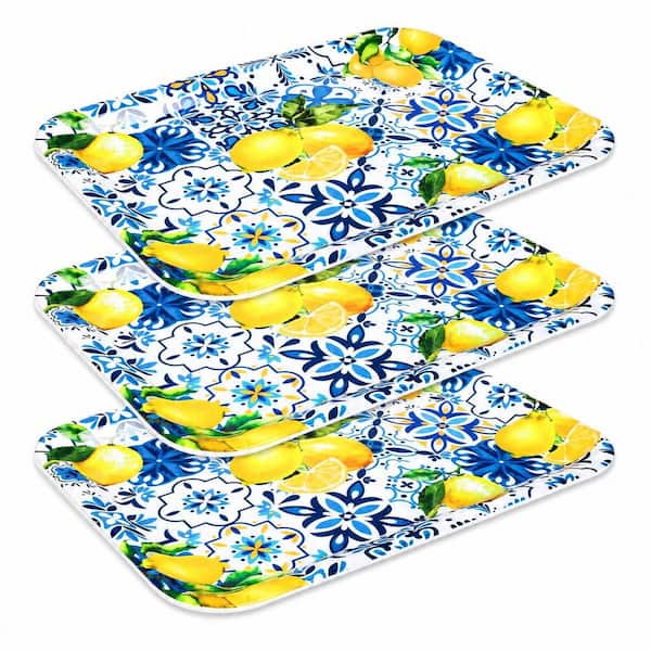 Lemon Print Blue Tile Melamine Serving Trays for Spring Summer Parties Set of 3 Rectangle Platters 13x10