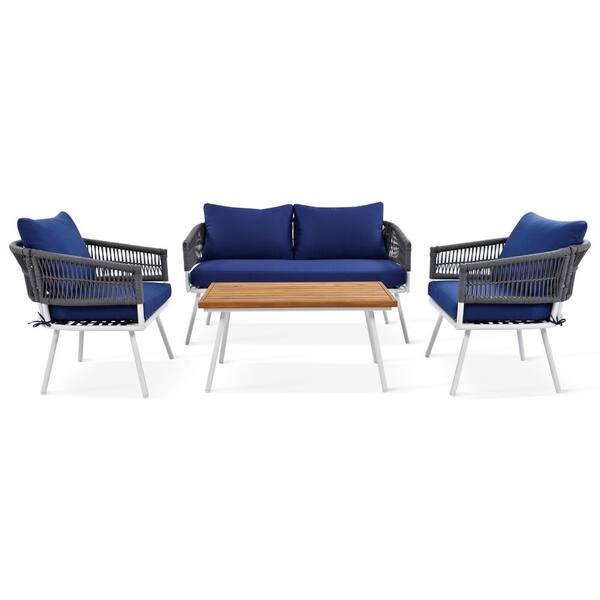 Polibi 4-Piece Boho Metal Patio Conversation with Blue Cushions, Acacia Wood Table