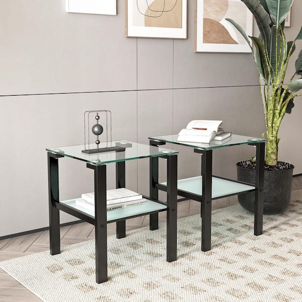 Set of 2 17.7 in. Square Dual-Layer Glass Side Tables, Clear Tempered Glass Top&Black Metal Legs for Living Room Bedroom