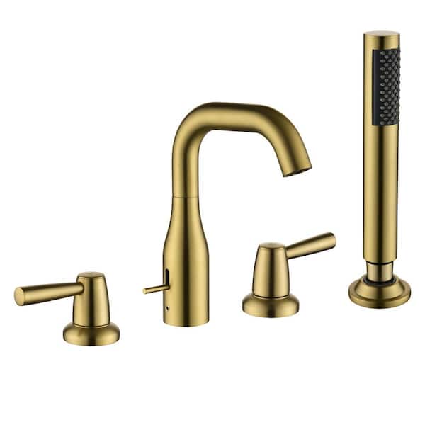 Unbranded 2-Handle 4-Holes Deck Mount Roman Tub Faucet with Hand Shower, Round Bathtub Shower Faucet in. Brushed Gold