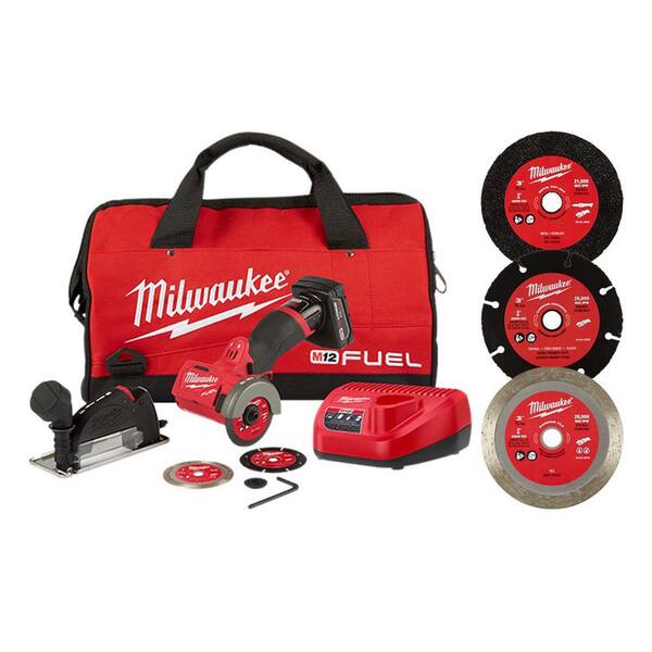 Milwaukee 2522-21XC-49-94-3000-49-94-3005-49-94-30 M12 FUEL 12-Volt 3 in. Lithium-Ion Brushless Cordless Cut Off Saw Kit with Battery Charger and 3 in. Blades (5-Pack) Milwaukee M12 FUEL 12V 3 in. Lithium-Ion Brushless Cordless Cut Off Saw Kit with Battery Charger and 3 in. Blades (5-Pack) - 1