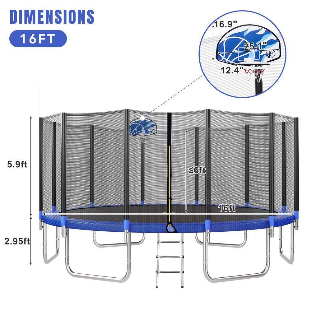 16FT Blue Round Outdoor Trampoline with Basketball Hoop